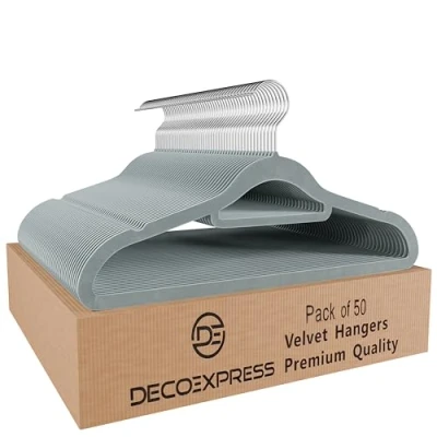 Image of Deco Express Velvet Hangers, Space Saving Non Slip Coat Hangers for Clothes Multipack (Grey, 50 Pack)