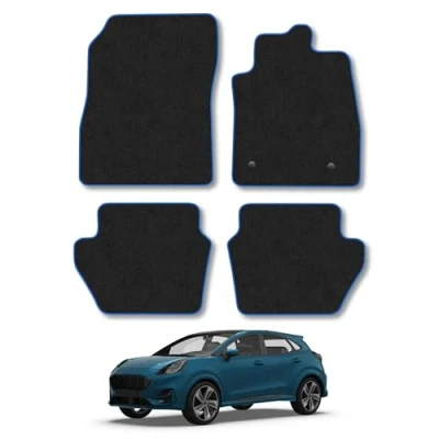 Image of Car Mats Compatible with Ford Puma (2019 ) Tailored Fit Blue Carpet Floor Set Accessory Custom 4 Pieces Anti Slip Backing &amp; Binding Trim Edge