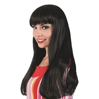 Image of VIKSAUN Long Straight Black Wigs Flat Bangs and Hair Slightly Curled Wig Curly Fancy Dress with Natuaral Synthetic Layered Brunette Party (Black)