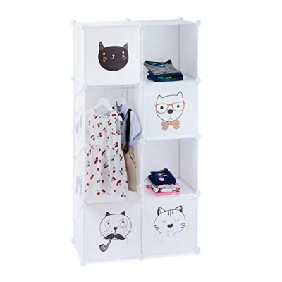 Image of Relaxdays Modular Interlocking Closet Unit, Cat Design, 7 Cubicles, Clothes Rail, Cupboard, White, PP, ABS, 145 x 74 36.5 cm