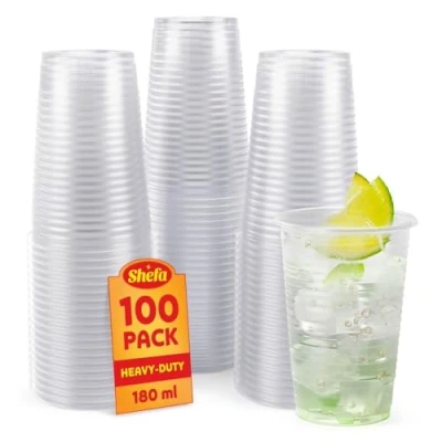 Image of Shefa 100 Clear Plastic Cups Party for Beer, Water, &amp; Juice, Dessert Cold Drinks Slush Milkshake Cups, Cocktail 180ml Glasses