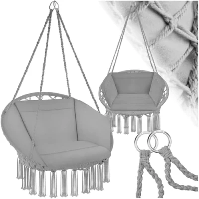 Image of tectake® Hanging Egg Chair with Cushion, Suitable for Indoor Bedroom Decor, as a Swing or Outdoor Use Garden Furniture, Balcony and Rattan Chair, Supports 150 kg grey