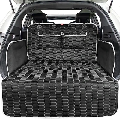 Image of Oasser Car Boot Liner for Dogs 4 Layers Nonslip Waterproof and Washable Fabric Protector with Bumper Flap Fits Most Cars Unique Pattern Design Durable