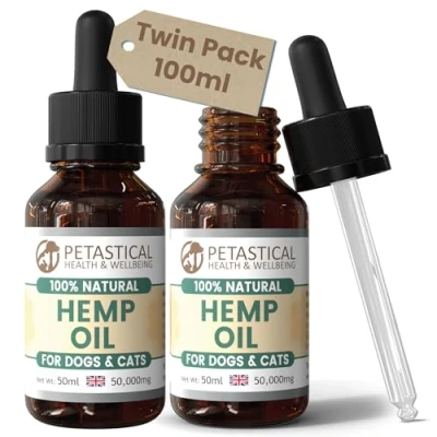 Image of Petastical Hemp Oil for Dogs, Cats Natural Calming Aid Omega Vitamins Rich Supplement Drops Pets, Hip Joint, Valerian Skullcap Alternative 100 ml