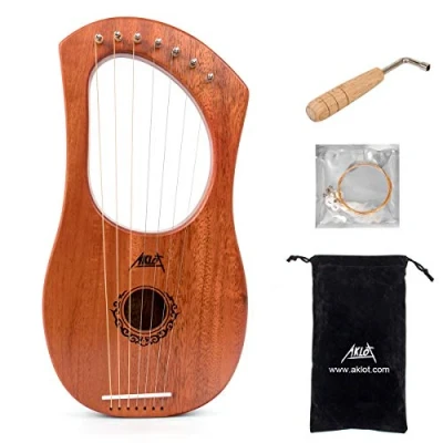 Image of AKLOT Lyre Harp, 7 Metal String Bone Saddle Mahogany Lye Harp with Tuning Wrench and Black Gig Bag