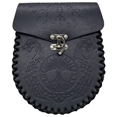 Image of HiiFeuer Nordic Embossed Belt Bag, Retro Medieval Faux Leather Side Pack, Vintage Portable Pouch for LARP Ren Faire (Dragon Black)