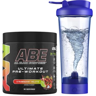 Image of Applied Nutrition Bundle ABE Pre Workout 375g + Electric Shaker All Black Everything Powder, Energy Drink, Physical Performance, Creatine, Beta Alanine, Caffeine (Strawberry Mojito)