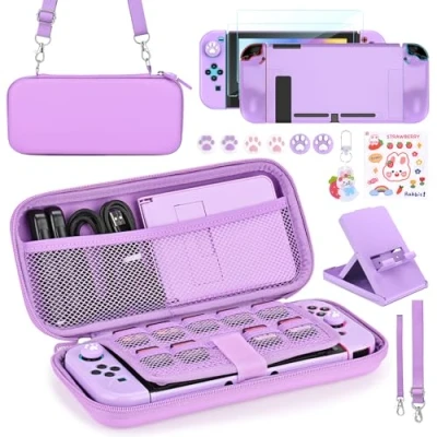 Image of Younik Switch Accessories Bundle, 17 in 1 Kit for Girls Include Carrying Case with 9 Game Card Slots, Adjustable Stand, Protective Console &amp; J Con（Purple）