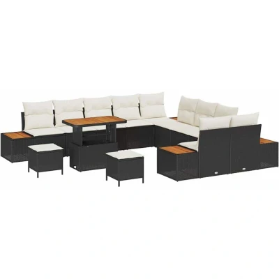 Image of vidaXL 13 Piece Garden Sofa Set with Cushions Black Poly Rattan Acacia