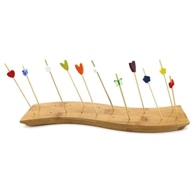 Image of BambooMN 12&quot; x 3&quot; Bamboo Skewer Holder Food Display S Wave Skewers Stand w/ 20 Holes, Natural Colour 1 Piece