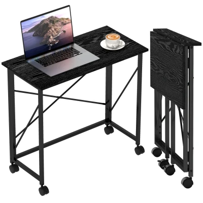 Image of HOMCOM Small Folding Desk, 80 cm Foldable Computer Desk on Wheels for Space, Easy Assembly, Space Saving Writing Table Home Office, Bedroom, Black