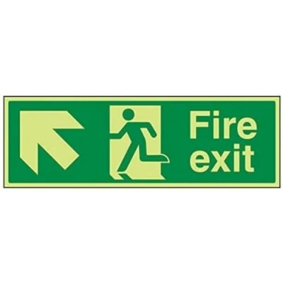 Image of V Safety Glow In The Dark Fire Exit Arrow Up Left Sign 450mm x 150mm Rigid Plastic