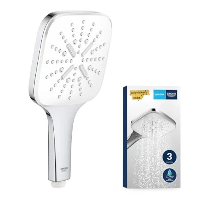 Image of GROHE Vitalio 130 SmartActive Cube Hand Shower 13cm (Push Button with 3 Spray Selection, Water Saving, Anti Limescale System, Universal Mounting System), Chrome Plate Moon White, 26595000