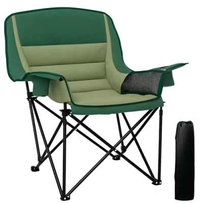 Image of Outsunny Folding Camping Chair for Adults, Portable Padded with Cup Holders, Side Pockets and Carry bag Picnic, Hiking, Fishing, Olive Green