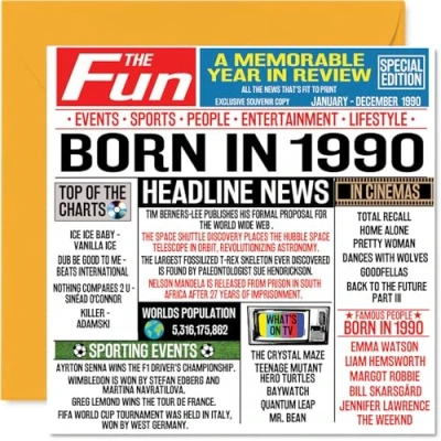 Image of 34th Birthday Cards for Men Women Born In 1990 Newspaper Happy 34 Card Brother Sister Friends Vintage Retro Back 1990, 145mm x Thirty Four Fourth Bday Greeting