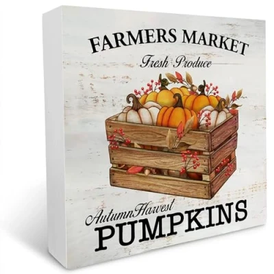 Image of KOPUTE Rustic Farmers Market Autumn Harvest Pumpkins Wood Box Sign Fall Wooden Farmhouse Home Desk Shelf Decor 5 x Inches
