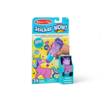 Image of Melissa &amp; Doug Sticker WOW 24 Page Activity Pad and Stamper, 300 Stickers, Arts Crafts Fidget Toy Collectible Character Glitter Unicorn