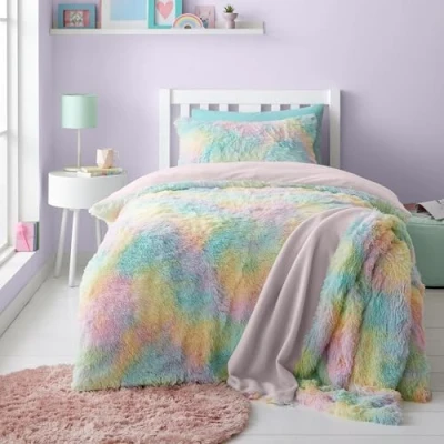 Image of Catherine Lansfield Rainbow Cuddly Deep Pile Faux Fur Double Duvet Cover Set with Pillowcases Pastel
