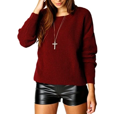 Image of Crazy Girls Womens Ladies Baggy Long Sleeve Knitted Plain Chunky Top Sweater Jumper S XL (M L, Wine)