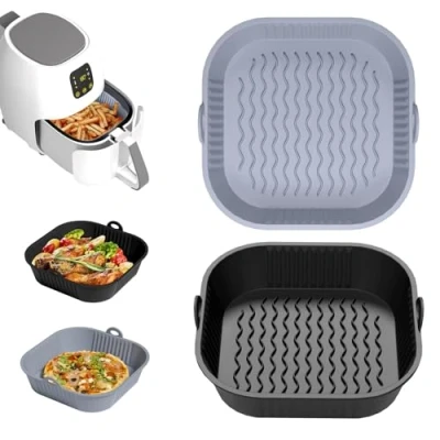 Image of Diboniur Silicone Air Fryer Liner Square, 2 Pack 8 Inch Reusable Airfryer Liners Accessories, Baking Tray Basket for Ninja, Tower, COSORI (Gray and Black)