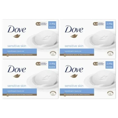 Image of Dove Hypoallergenic Beauty Cream Bar 3 in 1 Cleanses, Moisturises and Nourishes Sulphate Free Bath Soap for Soft Smooth Skin, Specially Made Sensitive Skin 2x90g, 4 Pack