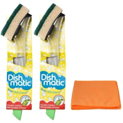 Image of 2X Fillable Washing up Brush and Sponge Bundle Easy Grip Dish Cleaner with Ultra Absorbent Microfibre Cleaning Cloth