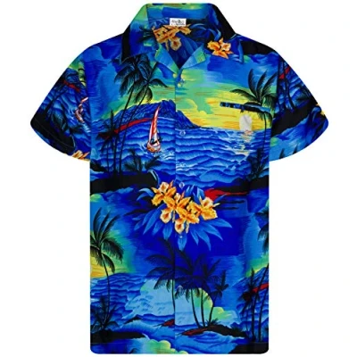 Image of King Kameha Men JK Surf Ugly Shirt Regular Button Down Short Sleeve Hawaii Shirt, Surf, Blue, L