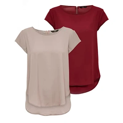 Image of ONLY Women&#039;s Onlvic S/S Solid Top Noos WVN T Shirt, Pink/Red (1 x Pale Mauve/1 Merlott), 38 (EU) / 10 (UK)