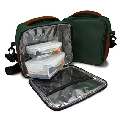 Image of Nerthus FIH 426 Green Insulated Lunch Bag With Strap and 2 Pockets two Hermetic Containers
