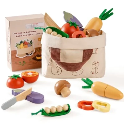 Image of ROBOTIME Wooden Play Food for Kids Kitchen Cutting Set Toddler Realistic Pretend Toys, , Montessori Learning Toys Children, Educational Role Gift Boys Girls 3+ (Vegetable Set)