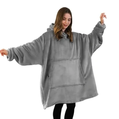 Image of Good Nite Wearable Blanket Oversized Hoodie for Women &amp; Men Sherpa Snuggle Blankets Adults Fluffy Warm Hooded Throw with Pockets Grey (Grey, 80x85cm)