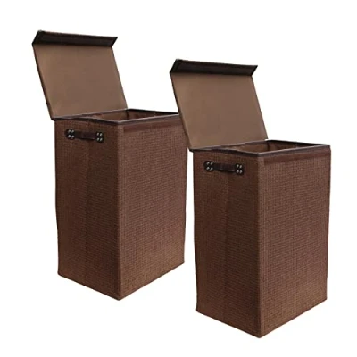 Image of simpahome 72L Laundry Basket with Lid, Sturdy Foldable Woven Style Hamper Design Dark Brown 60cm (H) x 40cm (W) 30cm (L) Set of 2 Baskets