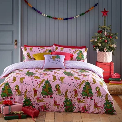 Image of furn. Purrfect Christmas Single Duvet Cover Set, Cotton, Polyester, Pink/Lilac