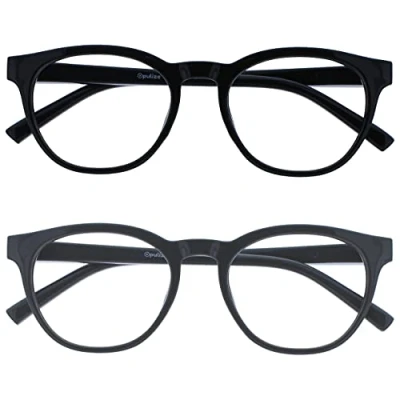 Image of OPULIZE Blu Reading Glasses with Blue Light Blocking 2 Pack Cool Round Frame Spring Hinges Improve Sleep Computer Gaming Anti Reflective Black Grey Mens Womens BB5 17 +1.50