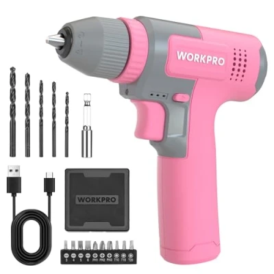 Image of WORKPRO 8V Cordless Drill Driver, 3/8&quot; Keyless Chuck Electric Drill, 12 N.m Max Combi with Carrying Case, 2Ah Rechargeable Battery, 16 Pieces Accessories, Pink