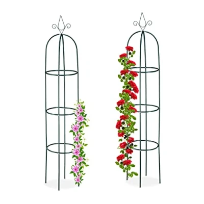 Image of Relaxdays Set of 2 Garden Obelisks, 200cm Tall, Support for Climbing Plants, Metal, Free Standing, Rose Cage, Dark Green, Iron