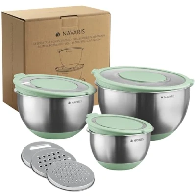 Image of Navaris Stainless Steel Mixing Bowls with Graters (Set of 3) Baking or Cooking Bowl Set Lids, Grater Attachments, Non Slip Silicone Base Mint Green