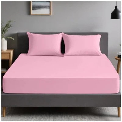 Image of GC GAVENO CAVAILIA Plain Dyed Bedding Fitted Bedsheets Soft &amp; Comfy (137 x 193 Cm) Double Bed Sheet Breathable Non Iron Percale Sheets Pink