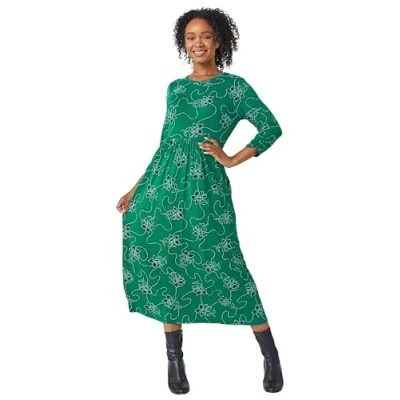 Image of Roman Originals Midi Gathered Dress with Pockets for Women UK Ladies Stretchy Jersey Maxi Round Neck Elasticated High Waisted Boho Flattering Skater Swing Fit Flare Green Petite Size 10
