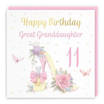 Image of Hunts England 11th Great Granddaughter High Heel And Perfume Birthday Card Luxury Gold Foil Milo&#039;s Gallery Age 11 Butterflies, Flowers, Hearts For