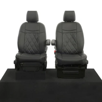 Image of UK Custom Covers Fits Ford Transit (2013 2023) Front Seat Single Diamond Bentley Stitch Leatherette (Black) SC1130B