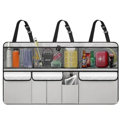 Image of Car Boot Organiser, Xndryan Bag with 9 Pockets, Universal Tidy, Back Seat Hanging Organiser Net Storage for Backseat Cover (Grey)