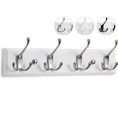 Image of LARHN Wall Mounted Coat Rack 4 Matt Nickel Triple Hooks for on White Wooden Bamboo Base 42 cm All Fixings Included