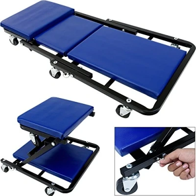 Image of Deuba® 2 in 1 Folding Car Creeper Converts to Mechanics Workshop Stool Padded Crawler Board with Extra Head Padding 6 Smooth Running 360 Swivel Wheels Maximum Load 150kg Blue 36 Inch