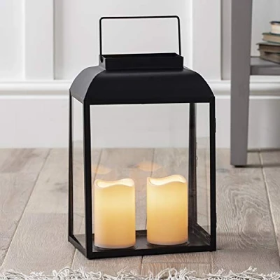 Image of Lights4fun Large Black Metal Garden Candle Lantern Battery Operated with Timer Indoor &amp; Outdoor Use 35cm
