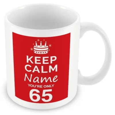 Image of 65th Birthday Gift Personalised Mug/Cup Add Name Keep Calm Design Red