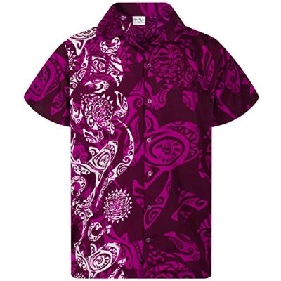Image of King Kameha Classic Modern Hawaiian Shirt for Men Front Pocket Casual Aloha Shirts, Maori Wedding, Purple, M