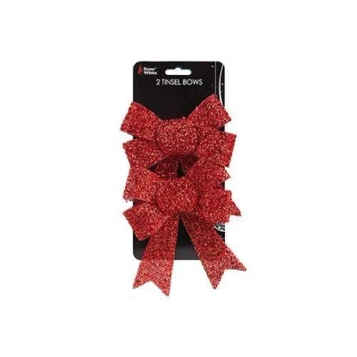 Image of Snow White PACK OF 2 Small RED Colour CHRISTMAS Festive TINSEL 15cm BOWS