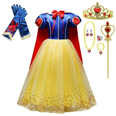 Image of Lito Angels Princess Snow White Costume Birthday Party Fancy Dress Up with Cape and Accessories for Kids Girls Age 8 9 Years, Style C