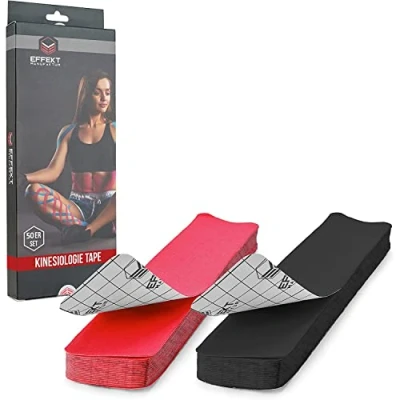 Image of Effekt Pre Cut Kinesiology Tapes Waterproof (25 cm x 5 cm) Elastic Physio Tape for Muscle Support and Injury Recovery, Medical Tape, Breathable Sports (Red + Black)